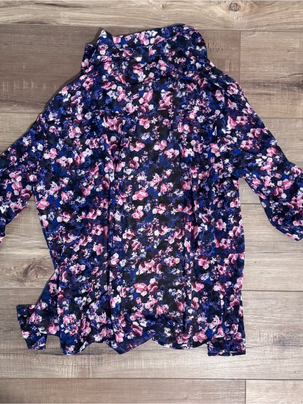 Express Navy Floral Button-Up Blouse with Pink & Purple Flowers - Picture 4 of 4